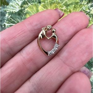 Vintage 10k Gold Samuel Aaron Mother & Child Heart Pendant w/ 3 Diamond Accents